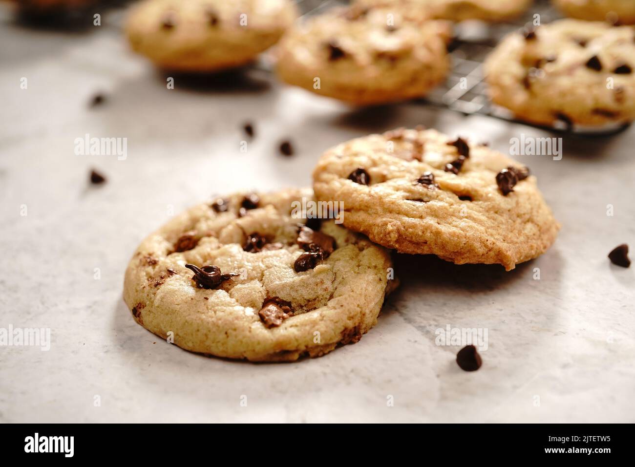 Homemade chewy chocolate chip cookies, selective focus Stock Photo
