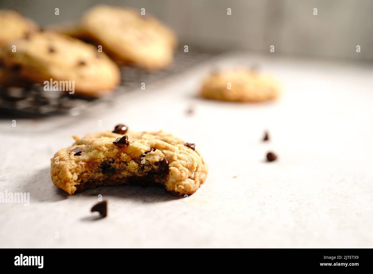 Homemade chewy chocolate chip cookies, selective focus Stock Photo