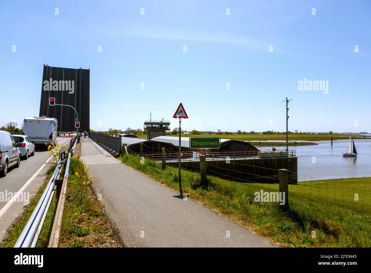Bascule bridge at the Stoer barrage at the mouth of the Stoer river in the Elbe Stock Photo