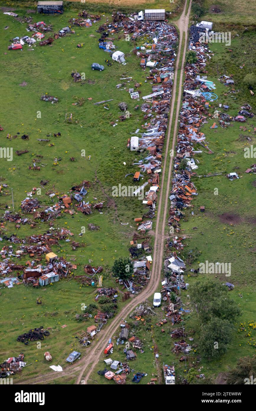 Aerial photograph of scrapped cars, these abandoned vehicles are