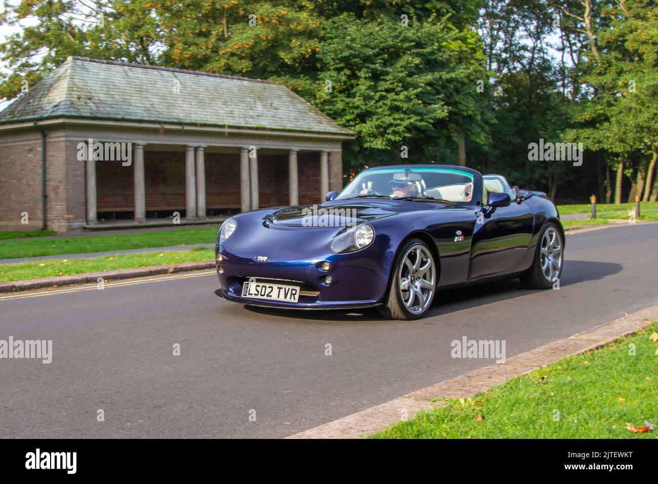 2002 Blue TAMORA BASE 5967cc petrol 5-speed manual, TVR Tamora V6 5MT; Cars arriving at the annual Stanley Park Classic Car Show. Stanley Park classics yesteryear Motor Show is hosted by Blackpool Vintage Vehicle Preservation Group, UK. Stock Photo