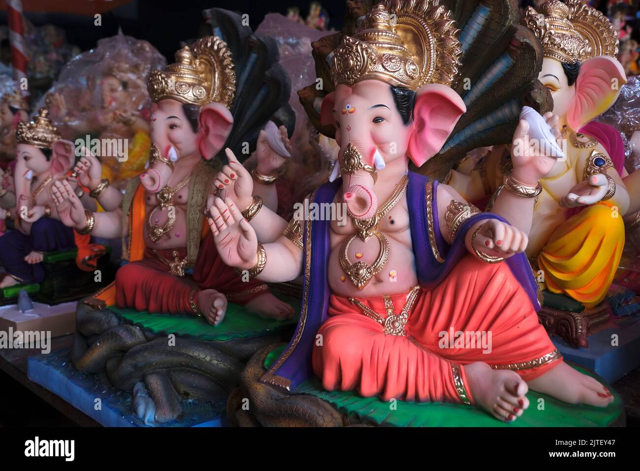 26 August 2022, Pune, India, Ganesha or Ganapati for sale at a shop on the event of Ganesh festival in India, Eco friendly God Ganesha Statue. Stock Photo