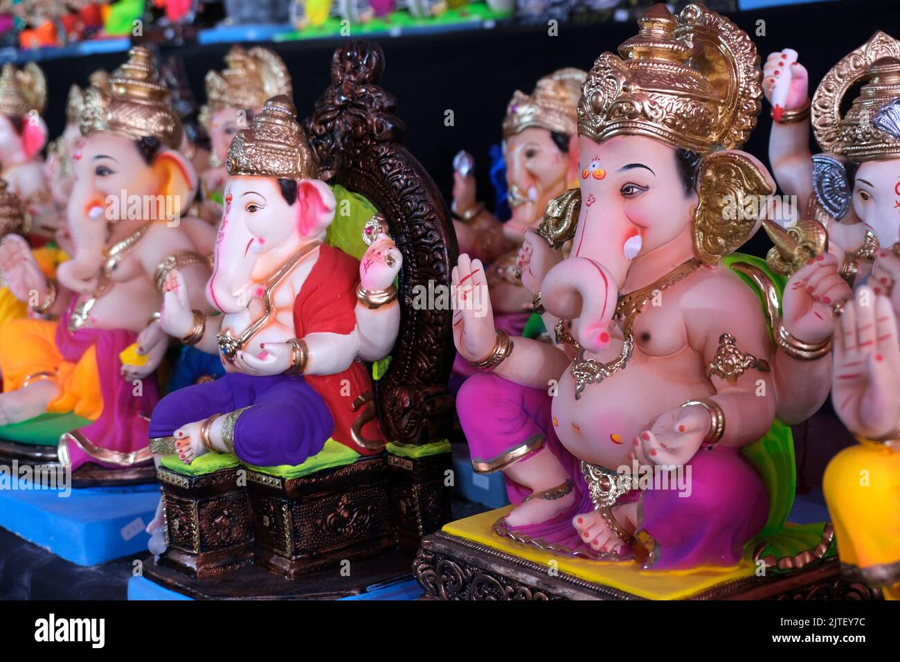 26 August 2022, Pune, India, Ganesha or Ganapati for sale at a shop on the event of Ganesh festival in India, Eco friendly God Ganesha Statue. Stock Photo