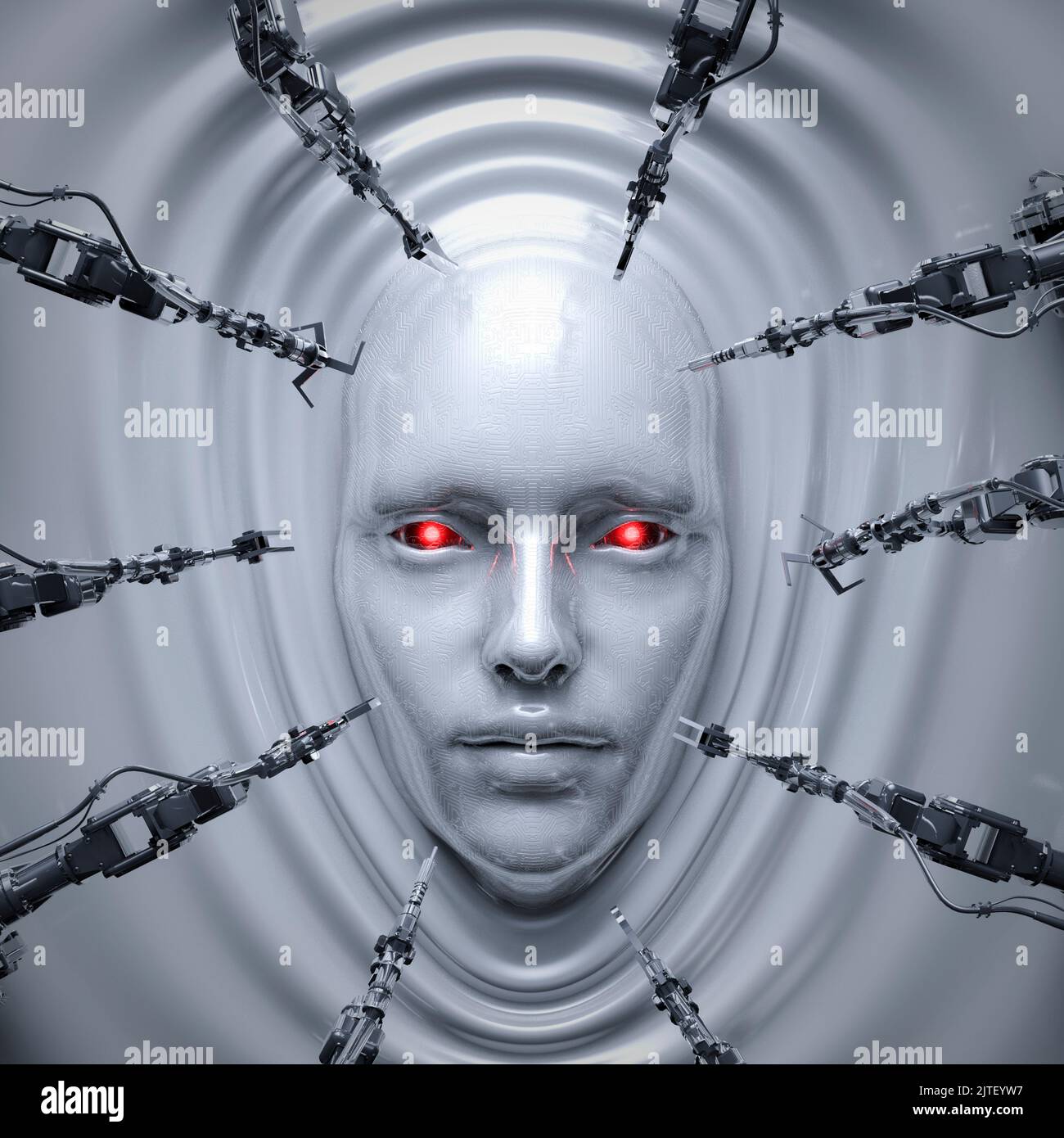 Female robot creation - 3D illustration of science fiction cyborg woman forming from molten liquid metal Stock Photo