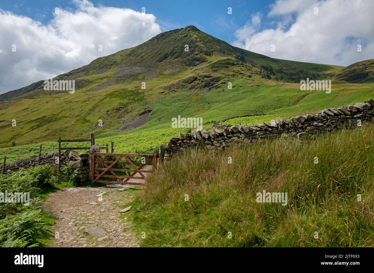 Gate and footpath track path walk between Blease Fell and Lonscale Fells in summer near Keswick Lake District Cumbria England UK GB Great Britain Stock Photo