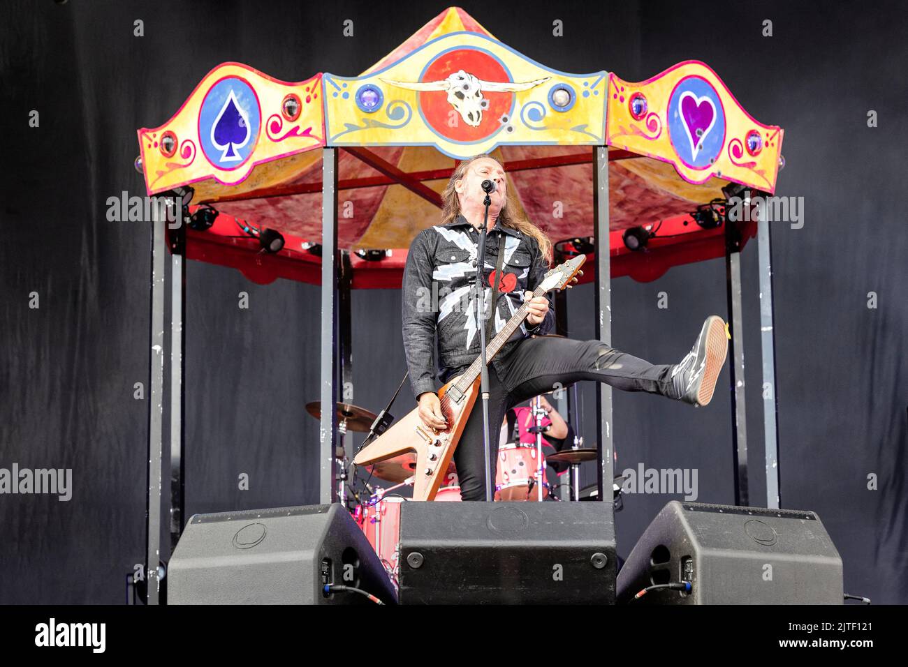 Solvesborg, Sweden. 10th, June 2022. The Danish rock band D-A-D performs a live concert during the Swedish music festival Sweden Rock Festival 2022 in Solvesborg. Here singer and guitarist Jesper Binzer is seen live on stage. (Photo credit: Gonzales Photo - Terje Dokken). Stock Photo