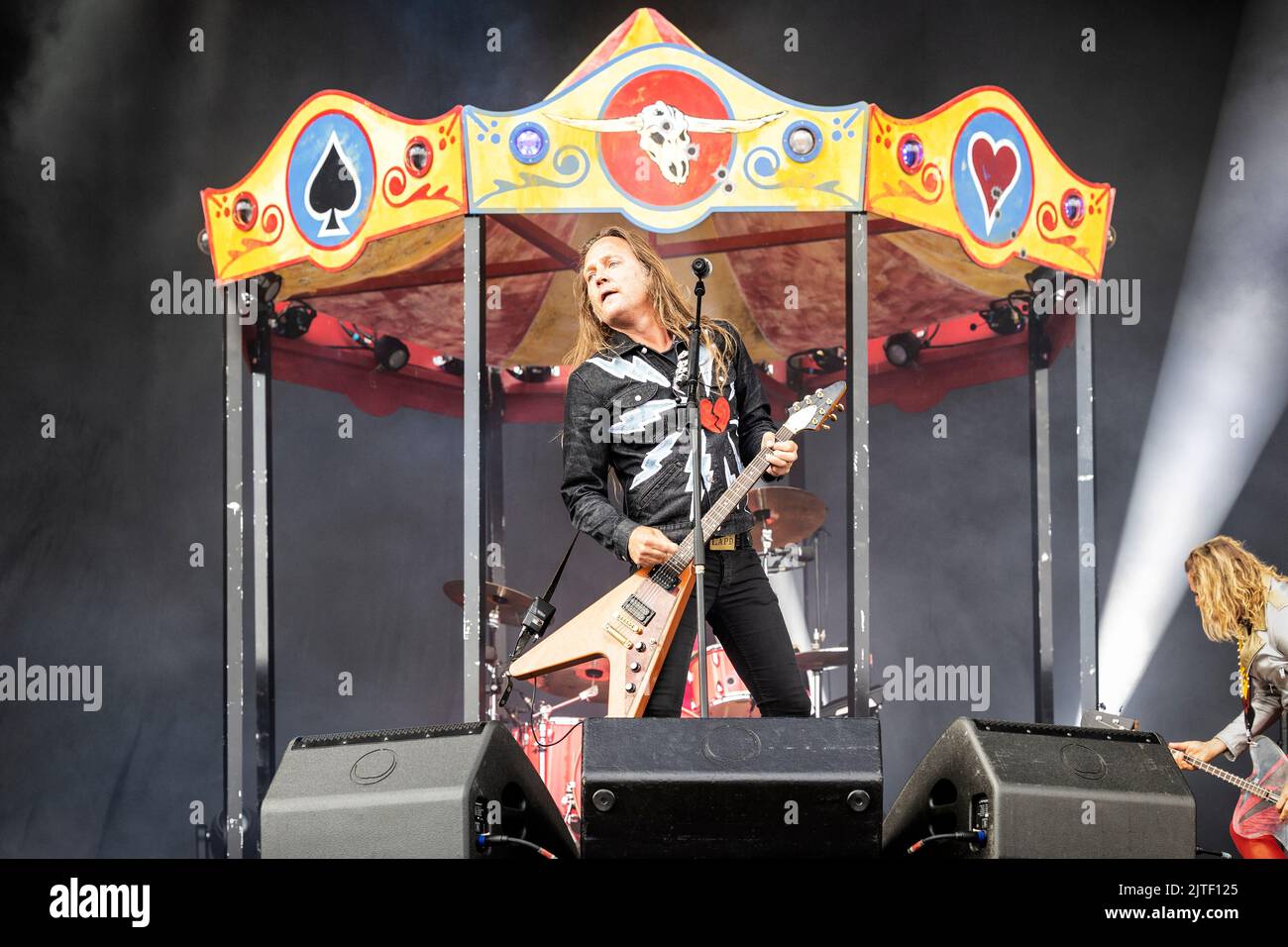 Solvesborg, Sweden. 10th, June 2022. The Danish rock band D-A-D performs a live concert during the Swedish music festival Sweden Rock Festival 2022 in Solvesborg. Here singer and guitarist Jesper Binzer is seen live on stage. (Photo credit: Gonzales Photo - Terje Dokken). Stock Photo