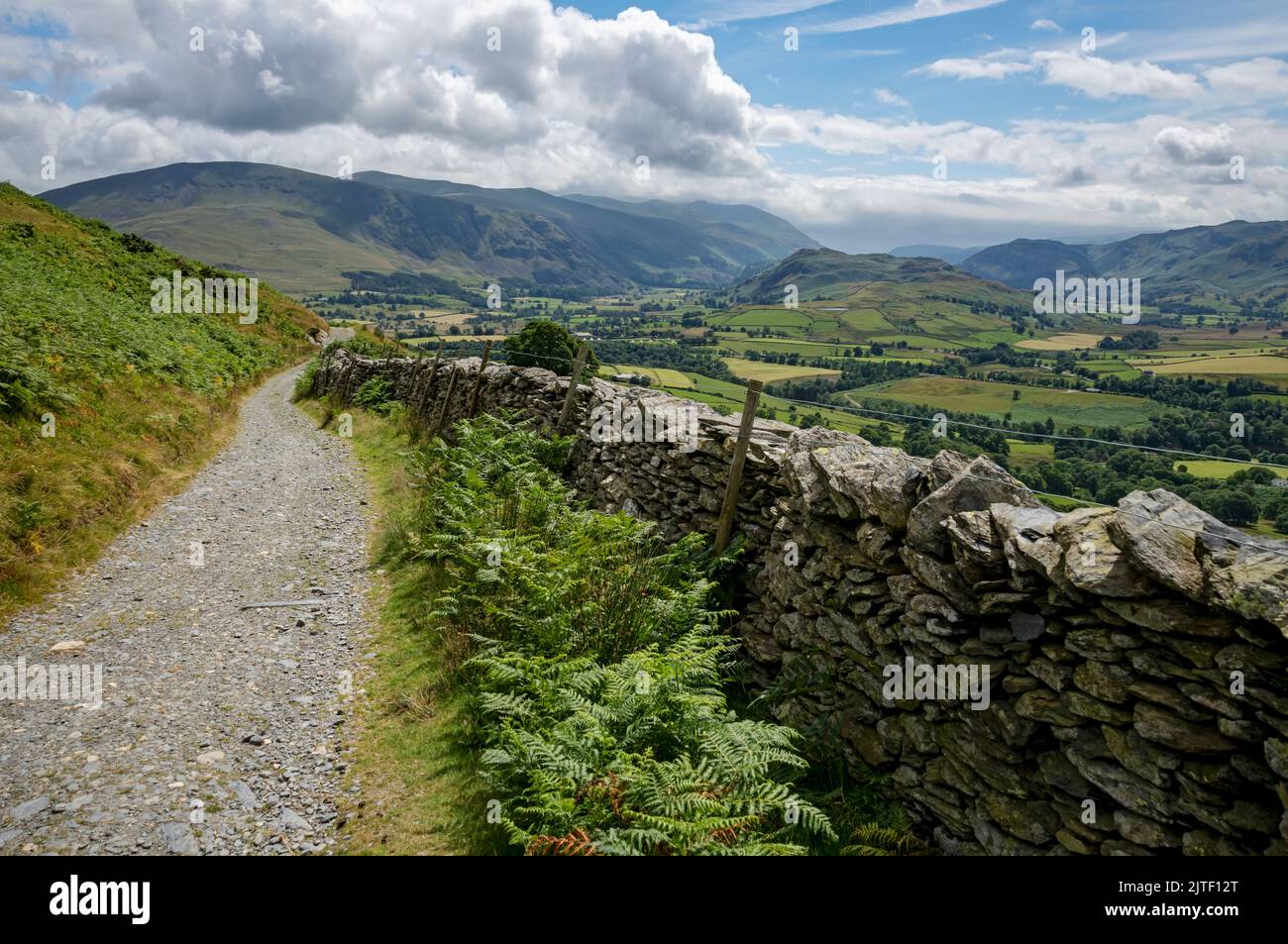 Footpath track path drystone wall down Blease Fell with Helvellyn range in view summer near Keswick Lake District National Park Cumbria England UK Stock Photo