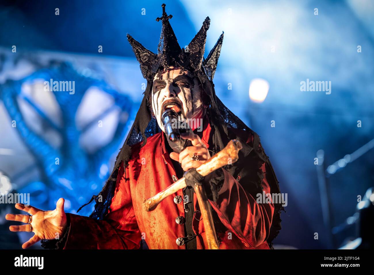 Solvesborg, Sweden. 10th, June 2022.The Danish heavy metal band Mercyful Fate performs a live concert during the Swedish music festival Sweden Rock Festival 2022 in Solvesborg. Here vocalist King Diamond is seen live on stage. (Photo credit: Gonzales Photo - Terje Dokken). Stock Photo