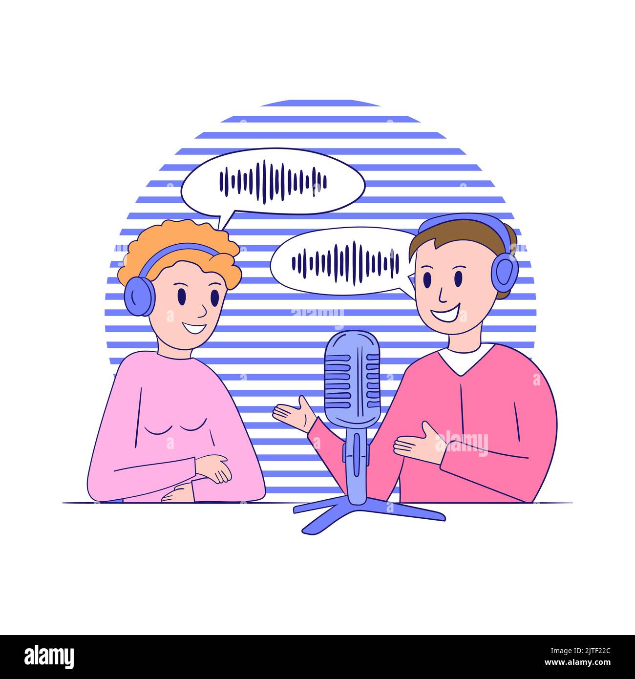 Young girl and boy record a podcast, online radio show. People with headphones are talking into a microphone. The concept of podcasting, broadcasting Stock Vector