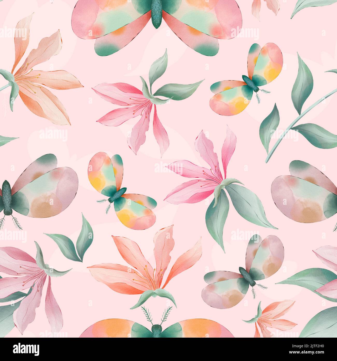 Magnolia flowers and moths seamless pattern Stock Photo