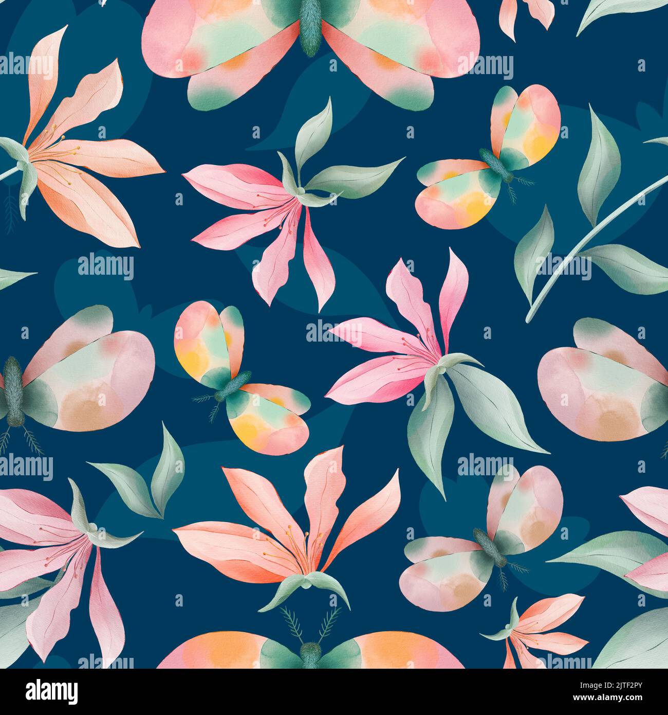 Magnolia flowers and moths seamless pattern Stock Photo