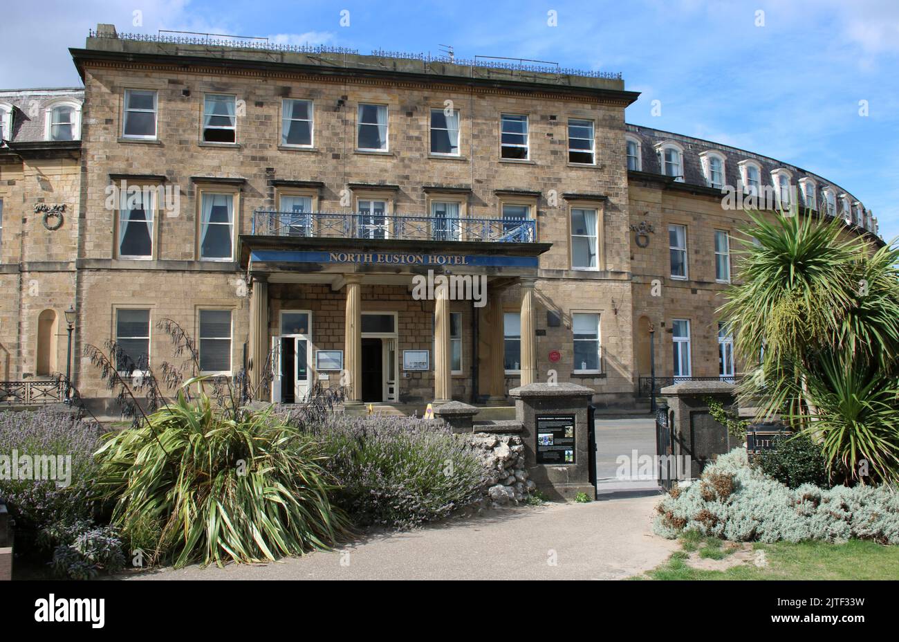 View of semi-circular North Euston Hotel in Fleetwood, Lancashire designed by Decimus Burton and seen from Euston Gardens in August 2022. Stock Photo