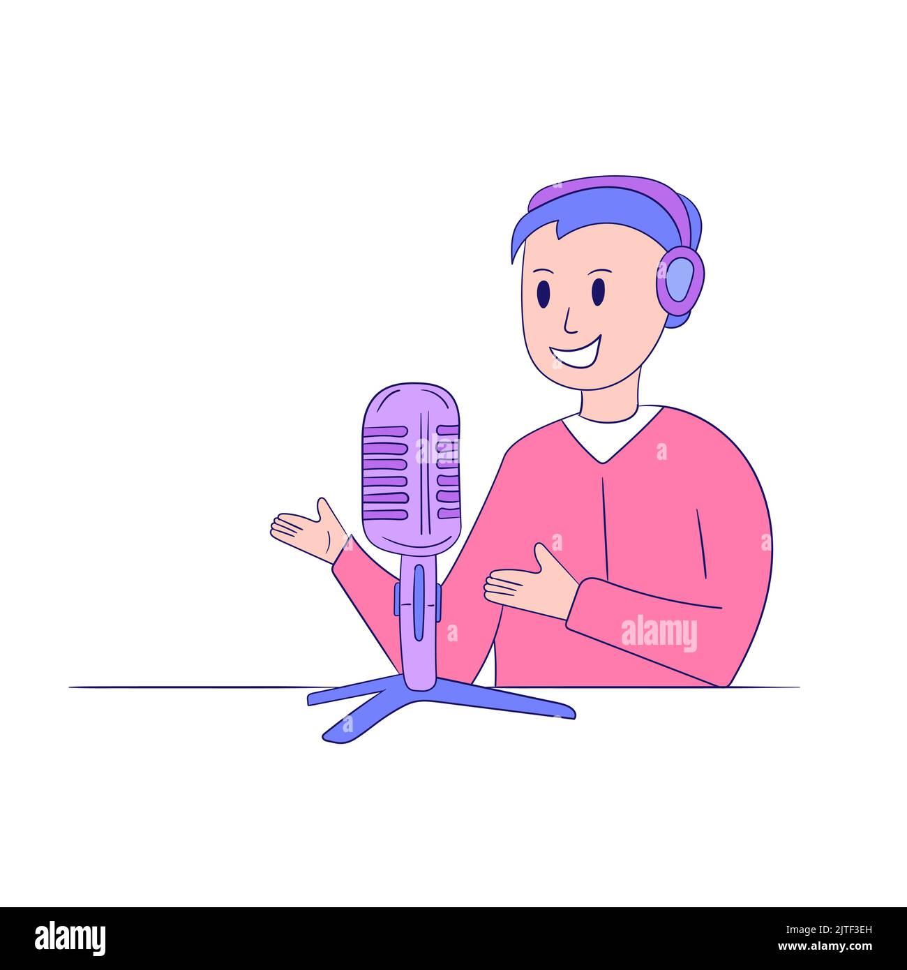 Happy podcaster man character talking with the audience. Professional podcaster on the air. Isolated vector flat illustration on white background Stock Vector