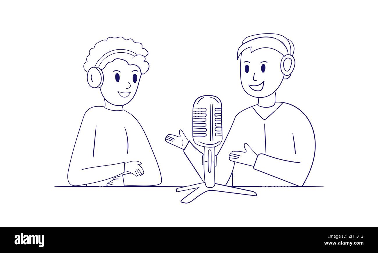 Two boys record a podcast, online radio show. People with headphones are talking into a microphone. Outline, coloring book on white Stock Vector
