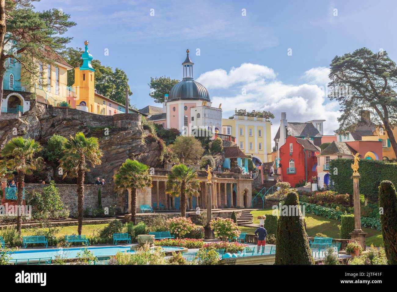 Popular tourist resort of Portmeirion with it's Italian village style architecture in Gwynedd, North Wales. Stock Photo