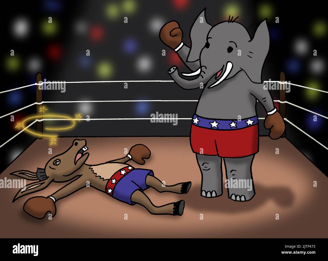 The Republican Elephant stands in victory over the Democrat Donkey in a boxing ring.  United States political cartoon. Stock Photo