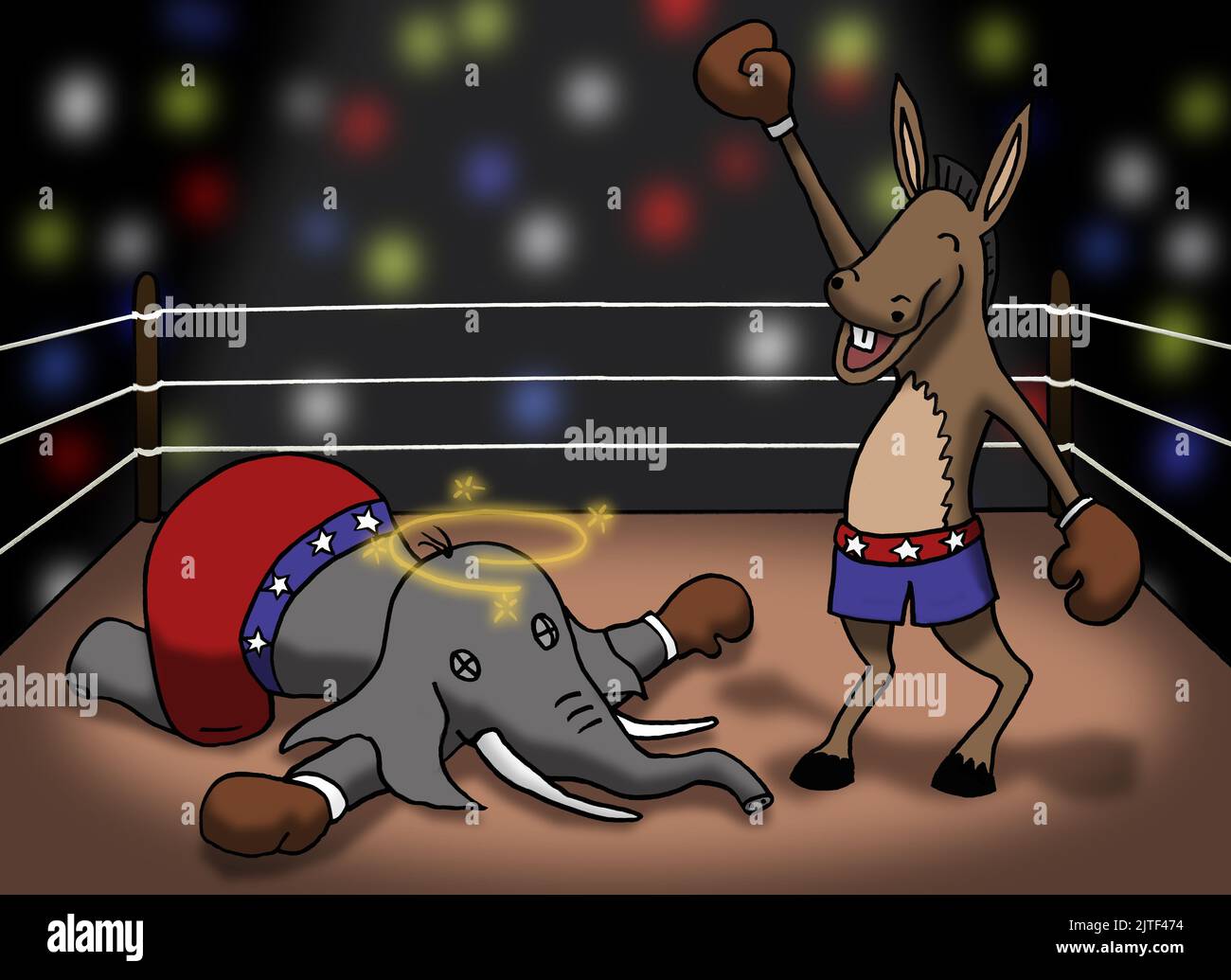 The Democrat Donkey stands in victory over the Republican Elephant in a boxing ring.  United States political cartoon. Stock Photo