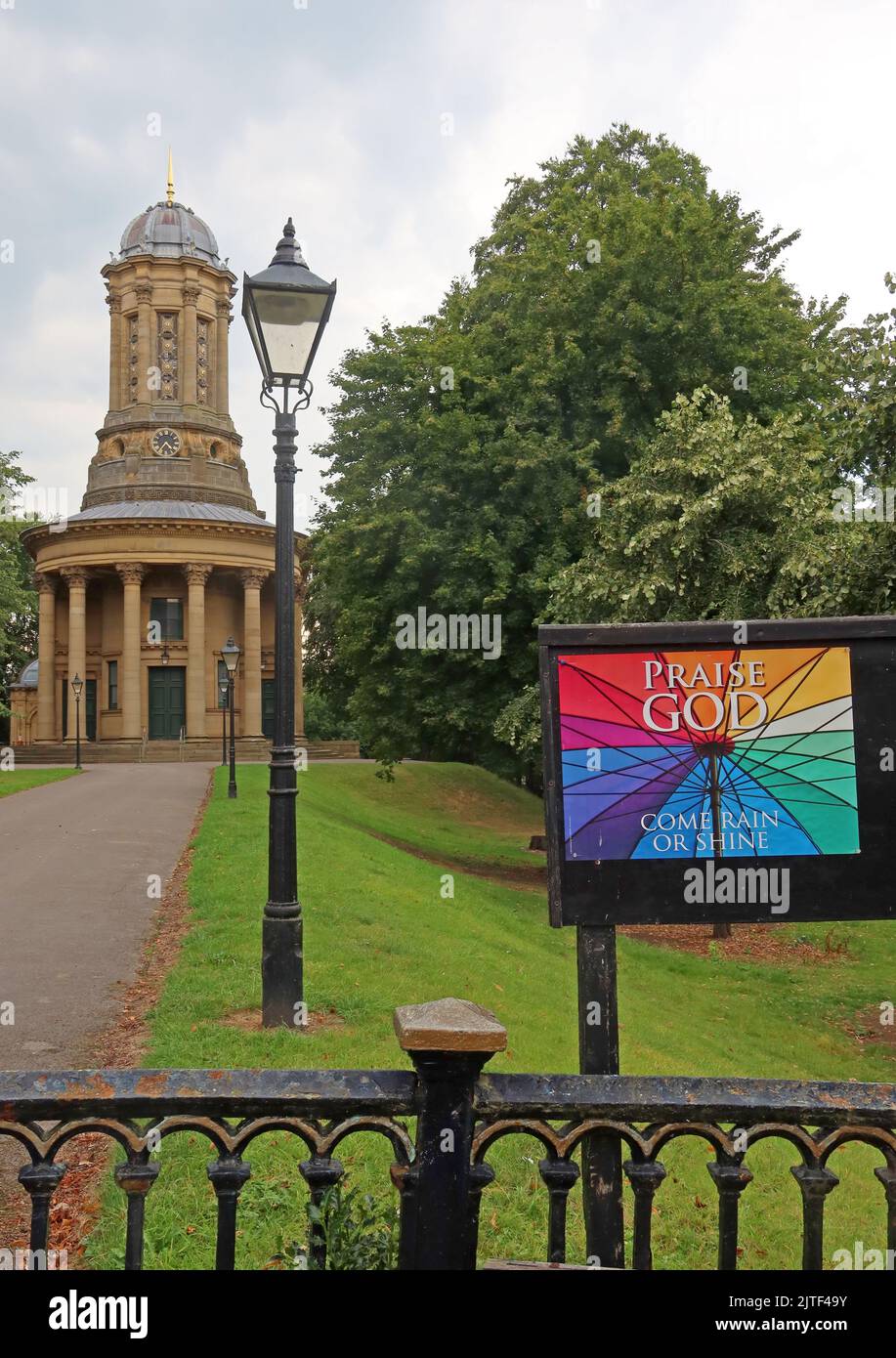 Saltaire United Reformed Church, Victoria Road, Saltaire, West Yorkshire, England, UK,  BD18 3LF with rainbow poster Stock Photo