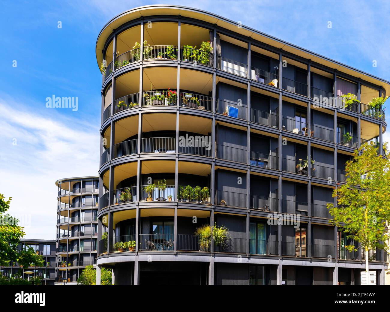 Modern residential buildings at on the Rhine promenade in Basel city centre, Switzerland. Stock Photo