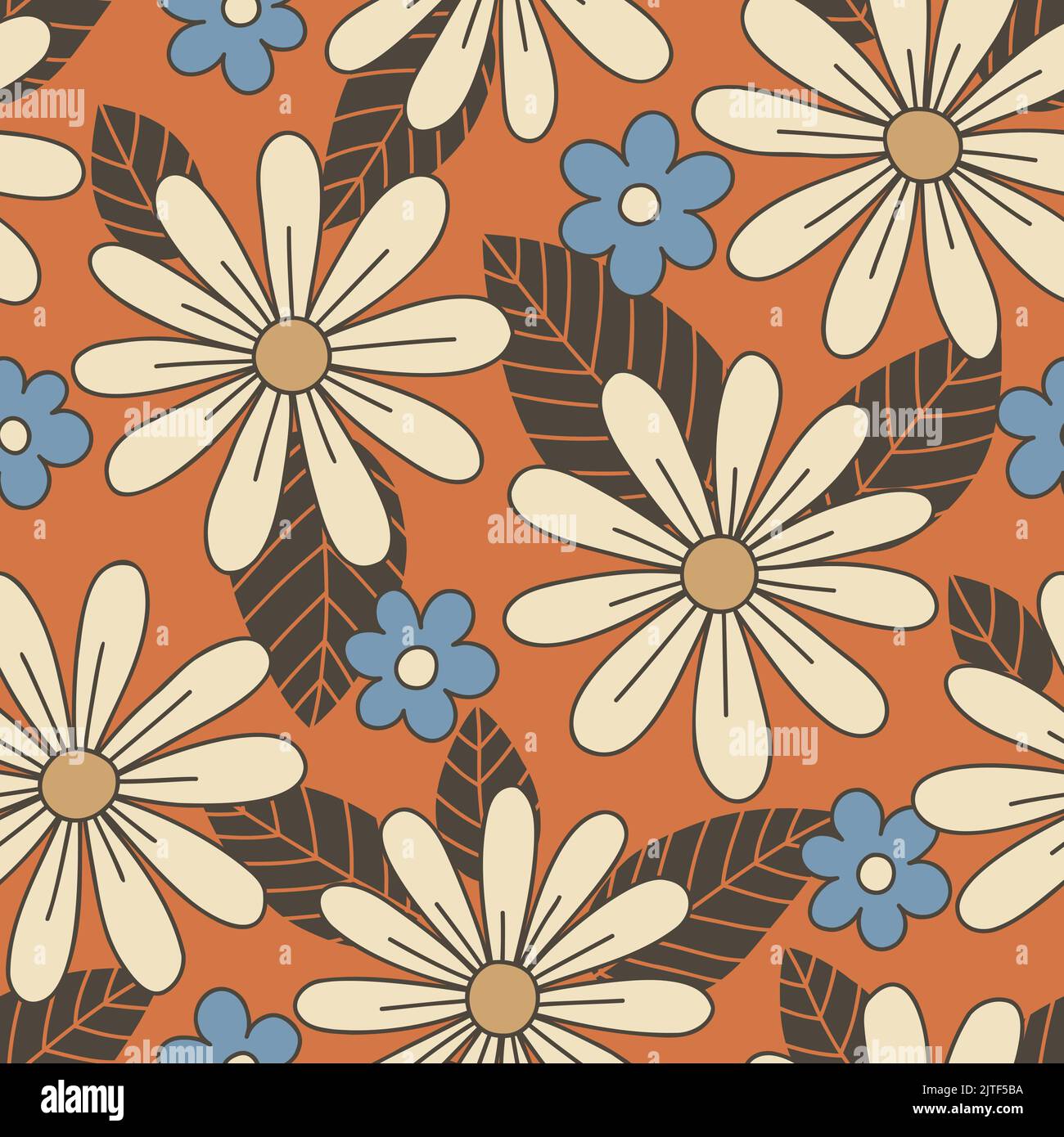 Colorful Large Scale Hand-Drawn Floral Daisies Vector Seamless Pattern ...