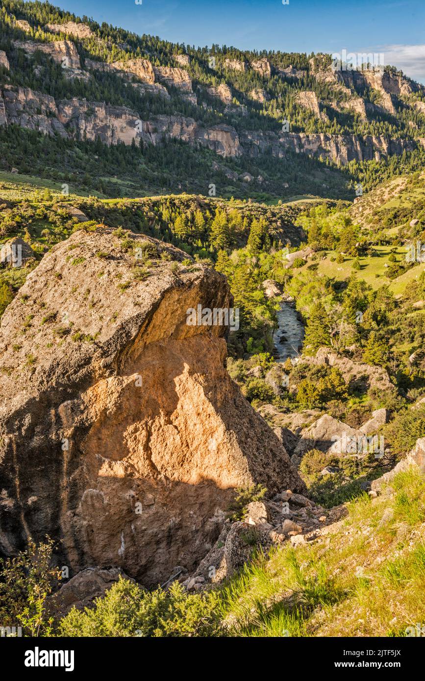 Sandstone boulders, cliffs over Tensleep Creek, in Tensleep Canyon, Bighorn Mountains, Wyoming, USA Stock Photo