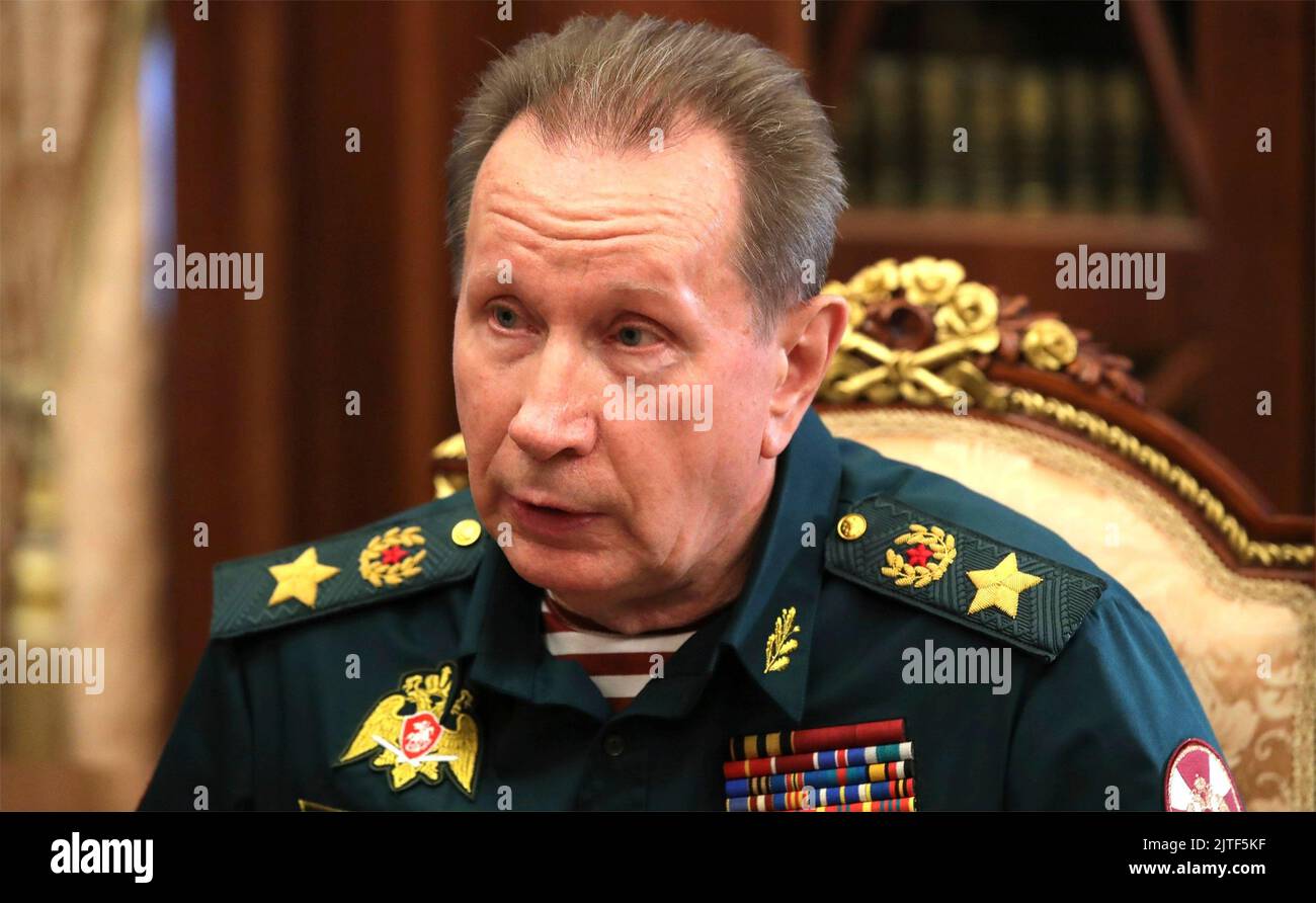 Moscow, Russia. 30th Aug, 2022. Director of the Federal Service of National Guard Troops Viktor Zolotov during a face-to-face meeting with Russian President Vladimir Putin at the Kremlin, August 30, 2022 in Moscow, Russia. Credit: Mikhail Klimentyev/Kremlin Pool/Alamy Live News Stock Photo