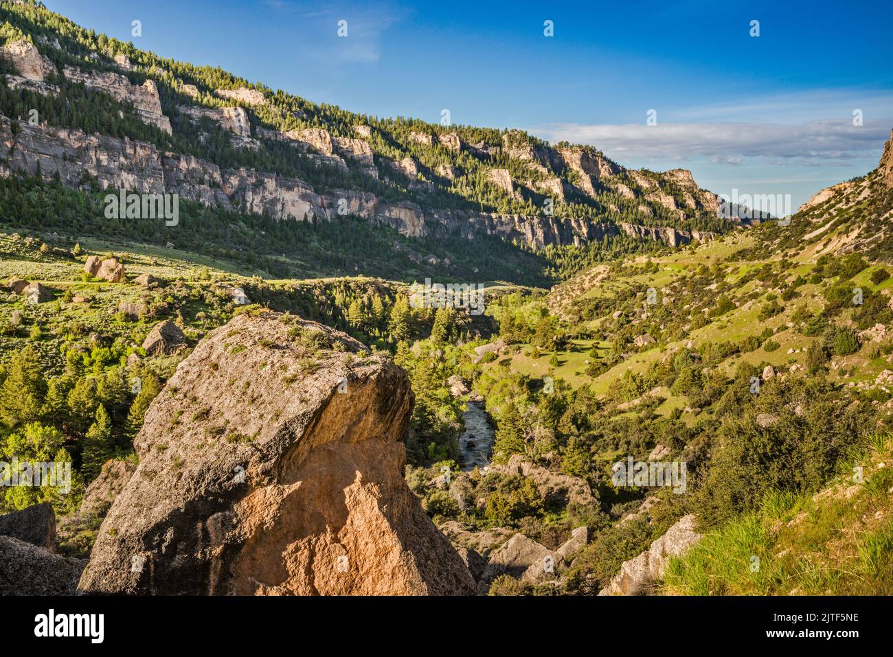 Sandstone boulders, cliffs over Tensleep Creek, in Tensleep Canyon, Bighorn Mountains, Wyoming, USA Stock Photo