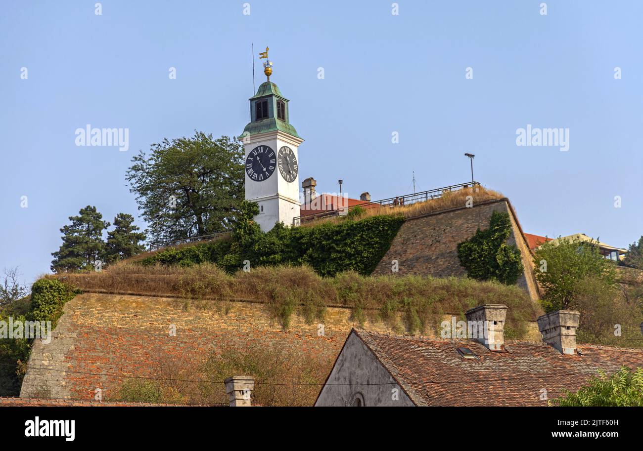 Clock Tower at Petrovaradin Fortress Summer Day Stock Photo
