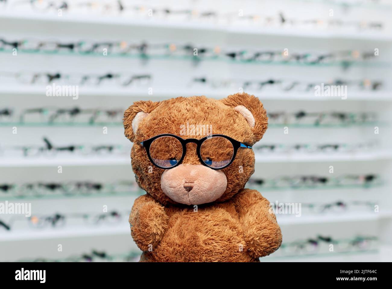 teddy bear toy in glasses over eyeglasses store Stock Photo