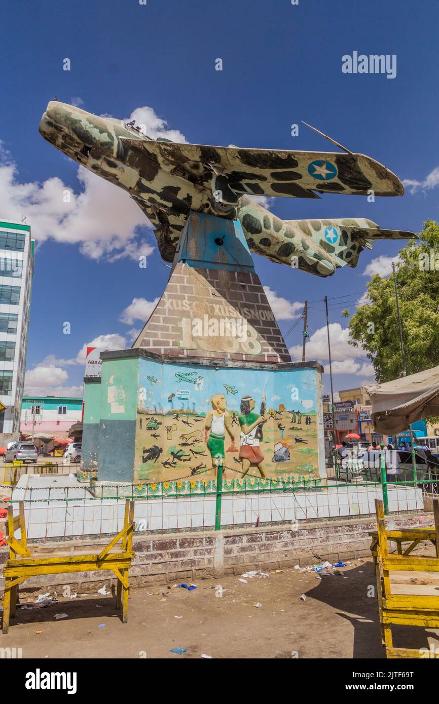 HARGEISA, SOMALILAND - APRIL 12, 2019: Hargeisa War Memorial consisting of a MiG-17 fighter aircraft in the center Hargeisa, capital of Somaliland Stock Photo