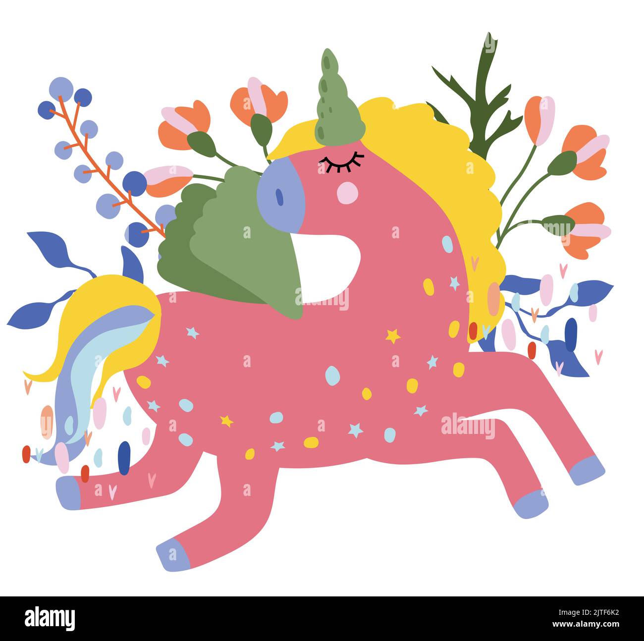 Bright unicorn with colorful the tail, flowers and leaves. Fantastic Unicorn in flat style ...