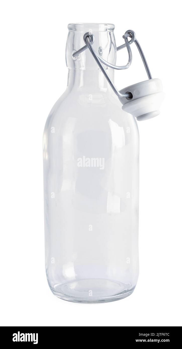 Open Glass Bottle With Sealing Lid Cut Out on White. Stock Photo