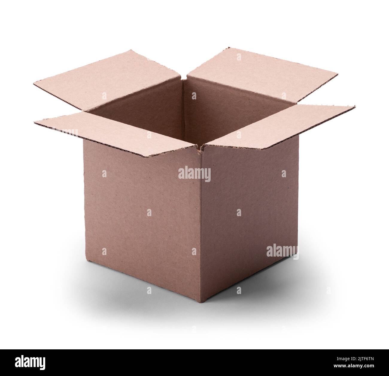 Open Small Square Cardboard Box Cut Out on White. Stock Photo