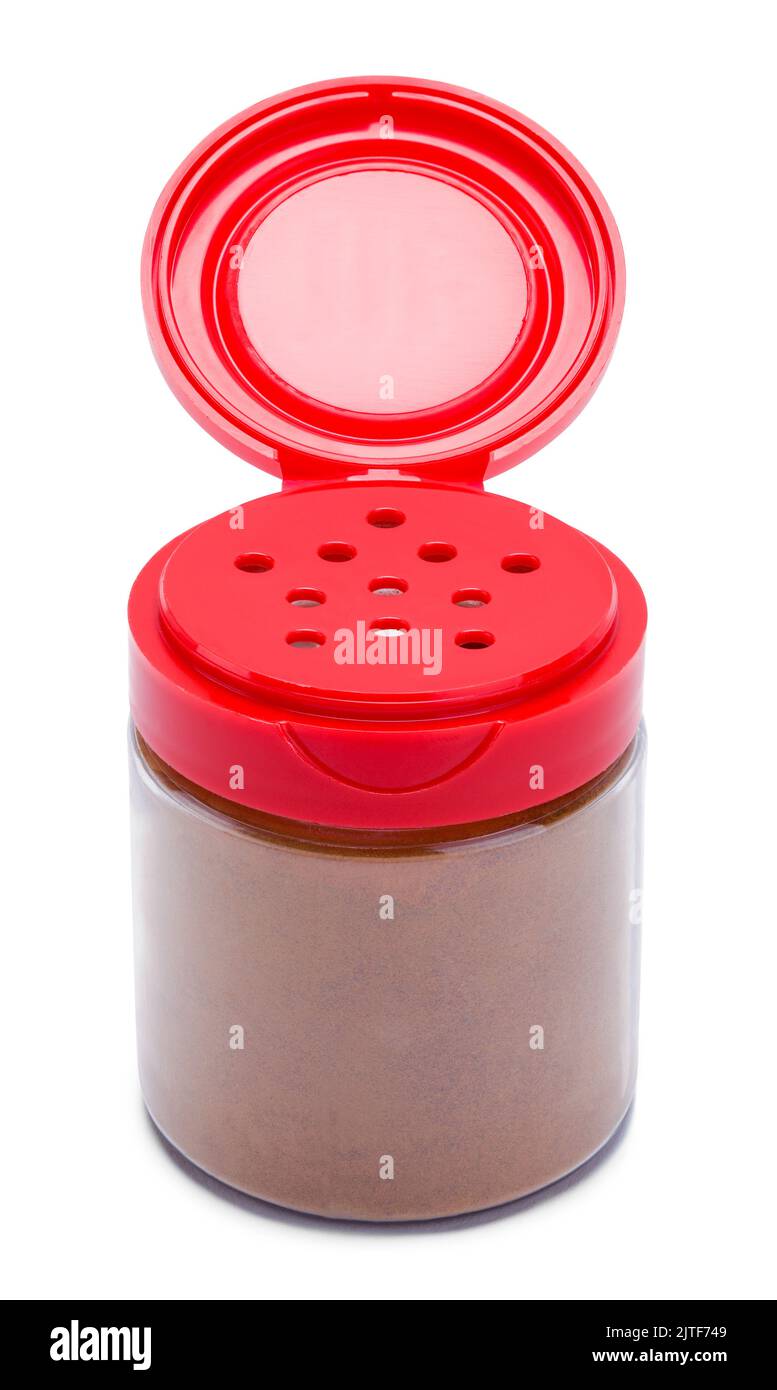 Open Cinnamon Spice Container Cut Out on White. Stock Photo