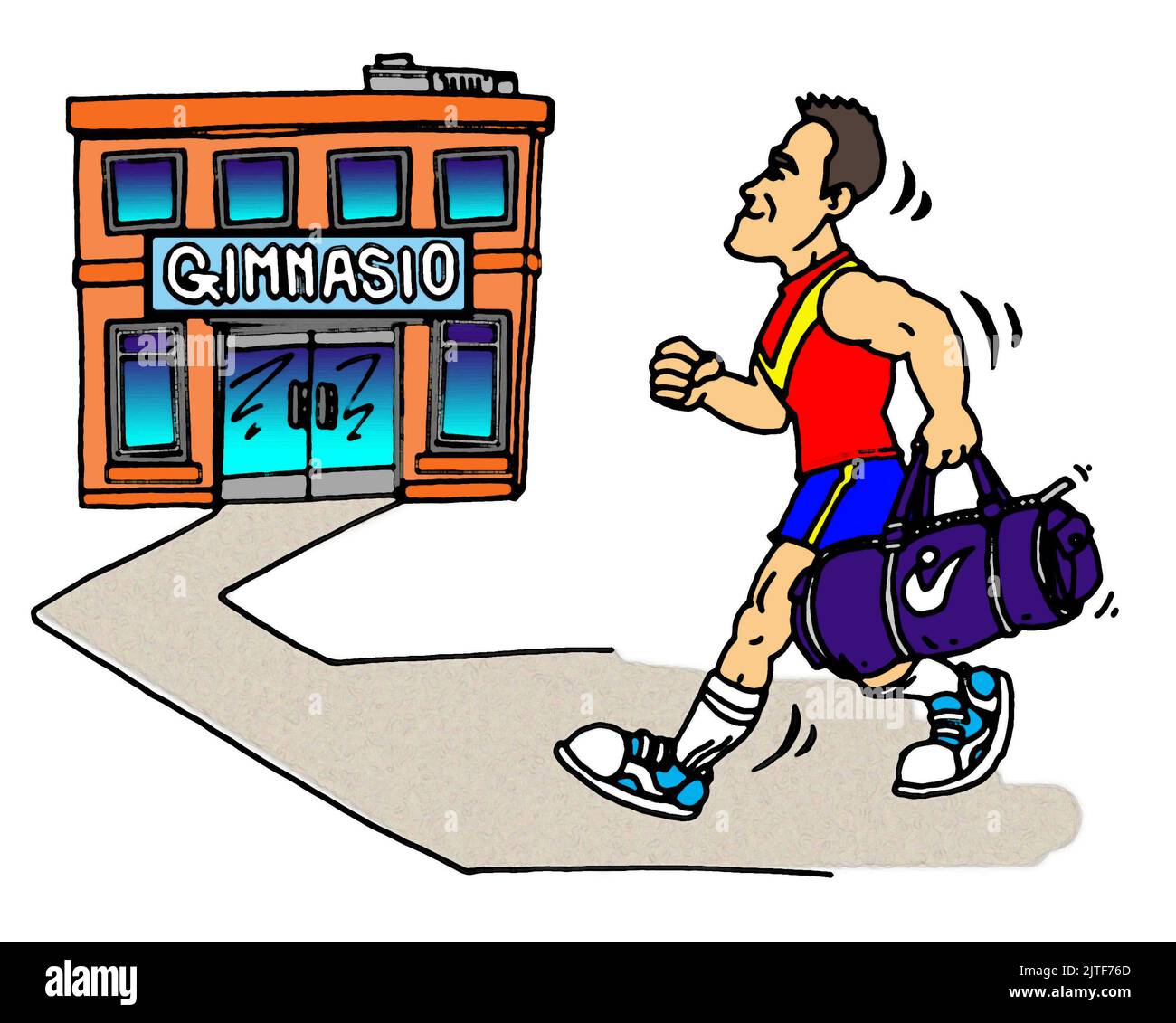 Artwork, illustration of a man dressed in athletic clothing heading towards a building labelled Gimnasio (gym) in Spanish. He is carrying a sports bag Stock Photo