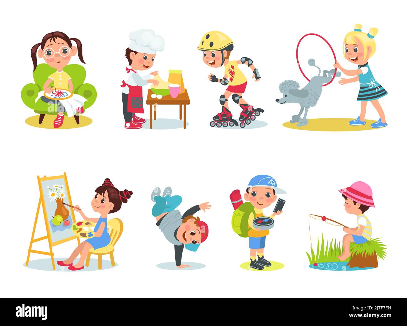 Children hobbies. Cartoon kids characters with different interests. Boys and girls with favorite