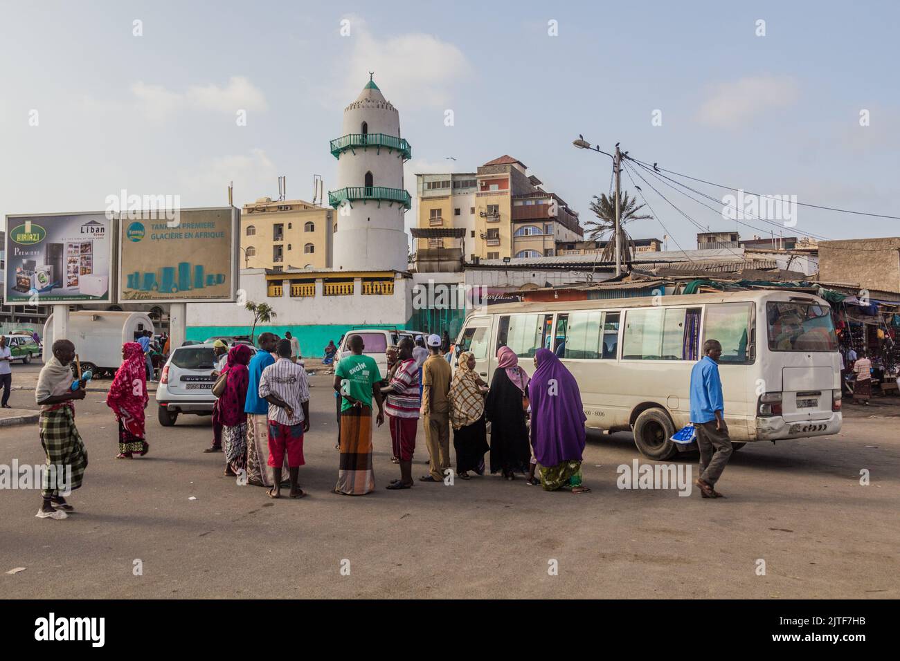 DJIBOUTI, DJIBOUTI - APRIL 17, 2019: People in front of Hamoudi Mosque in Djibouti, capital of Djibouti. Stock Photo
