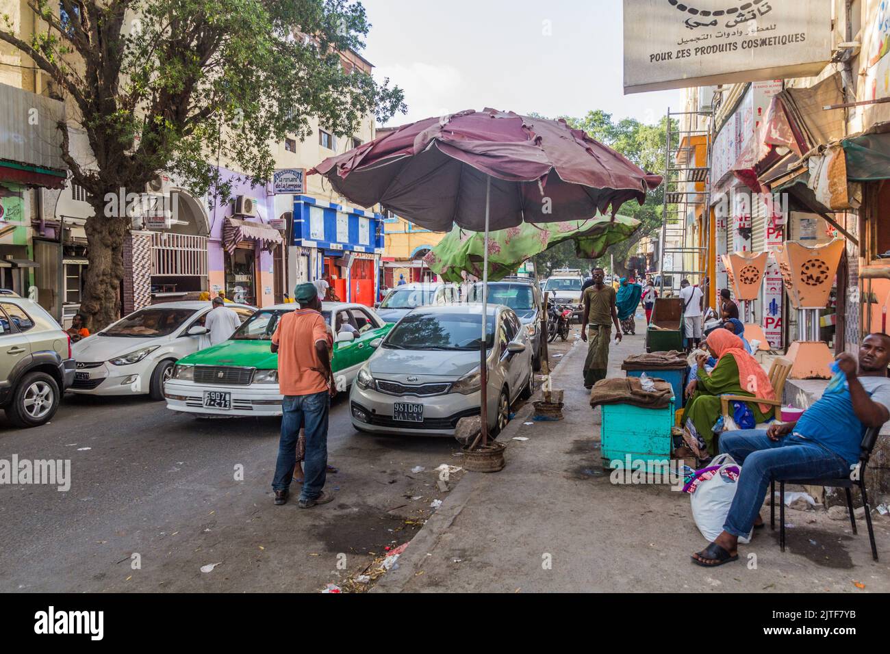 DJIBOUTI, DJIBOUTI - APRIL 17, 2019: Khat leaves sellers on a street in