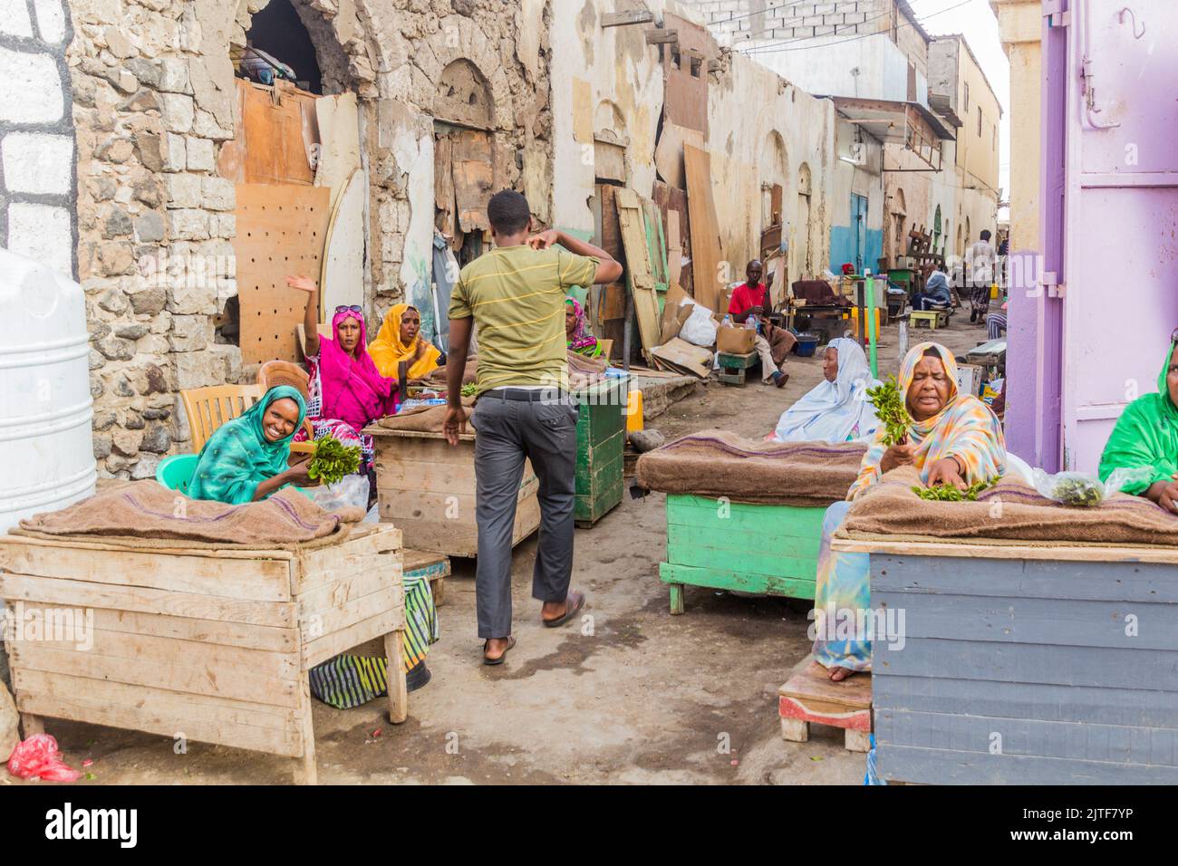 DJIBOUTI, DJIBOUTI - APRIL 17, 2019: Khat leaves sellers in Djibouti, capital of Djibouti. Stock Photo