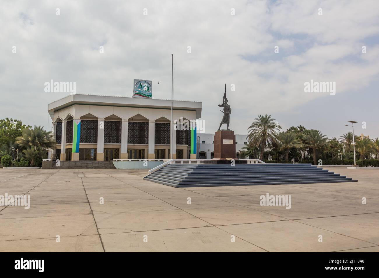 DJIBOUTI, DJIBOUTI - APRIL 18, 2019: Monument of Martyrs in front of the People's Palace (Palais du Peuple) in Djibouti, capital of Djibouti. Stock Photo