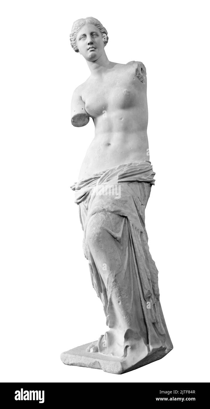 Venus de Milo ancient marble Greek sculpture isolated on white background, black and white fron view picture Stock Photo