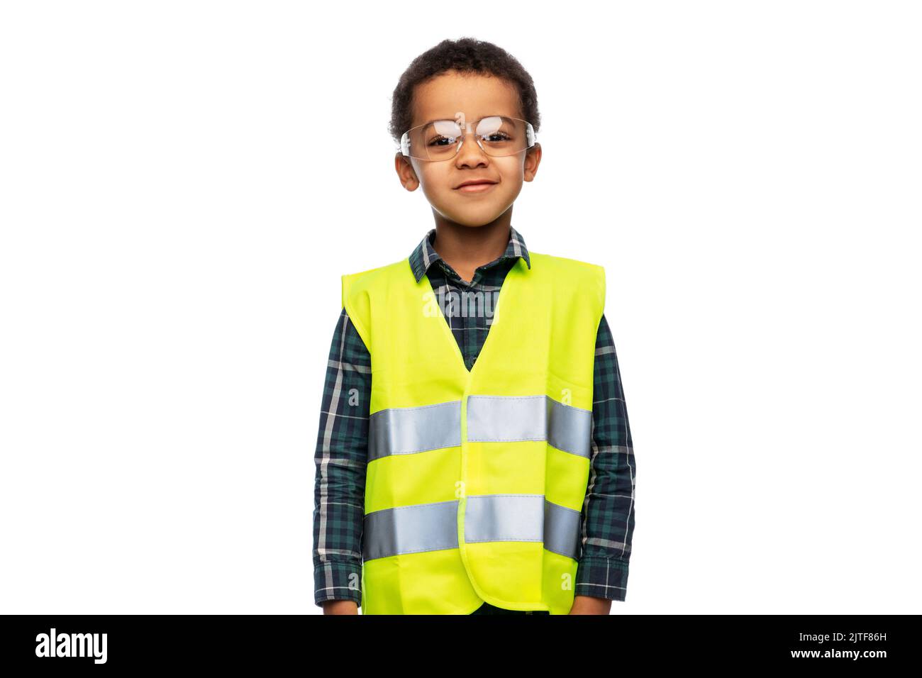 little boy in goggles and safety vest Stock Photo