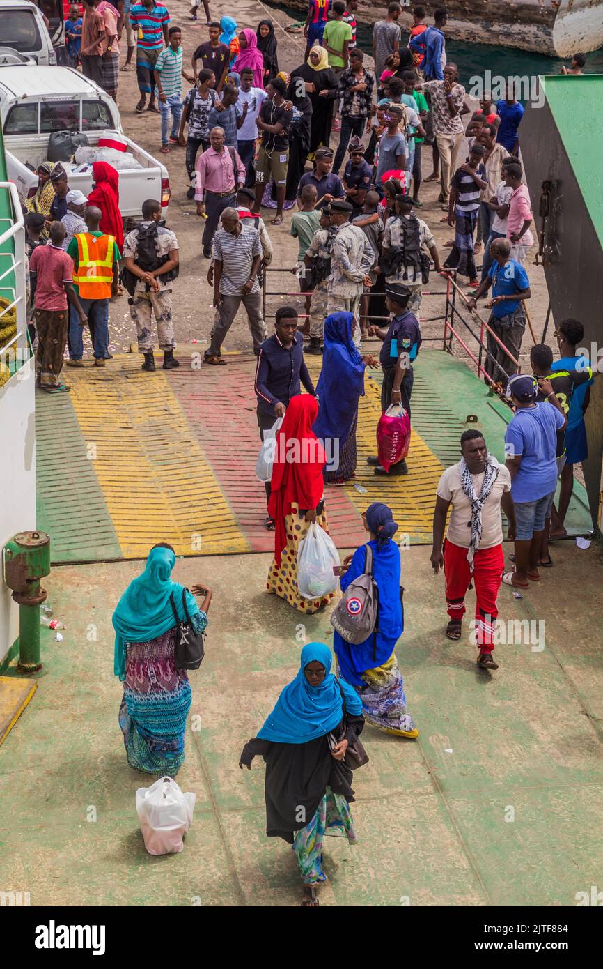 TADJOURA, DJIBOUTI - APRIL 20, 2019: People board Ferry Mohamed Bourhan Kassim in the port of Tadjoura, Djibouti Stock Photo