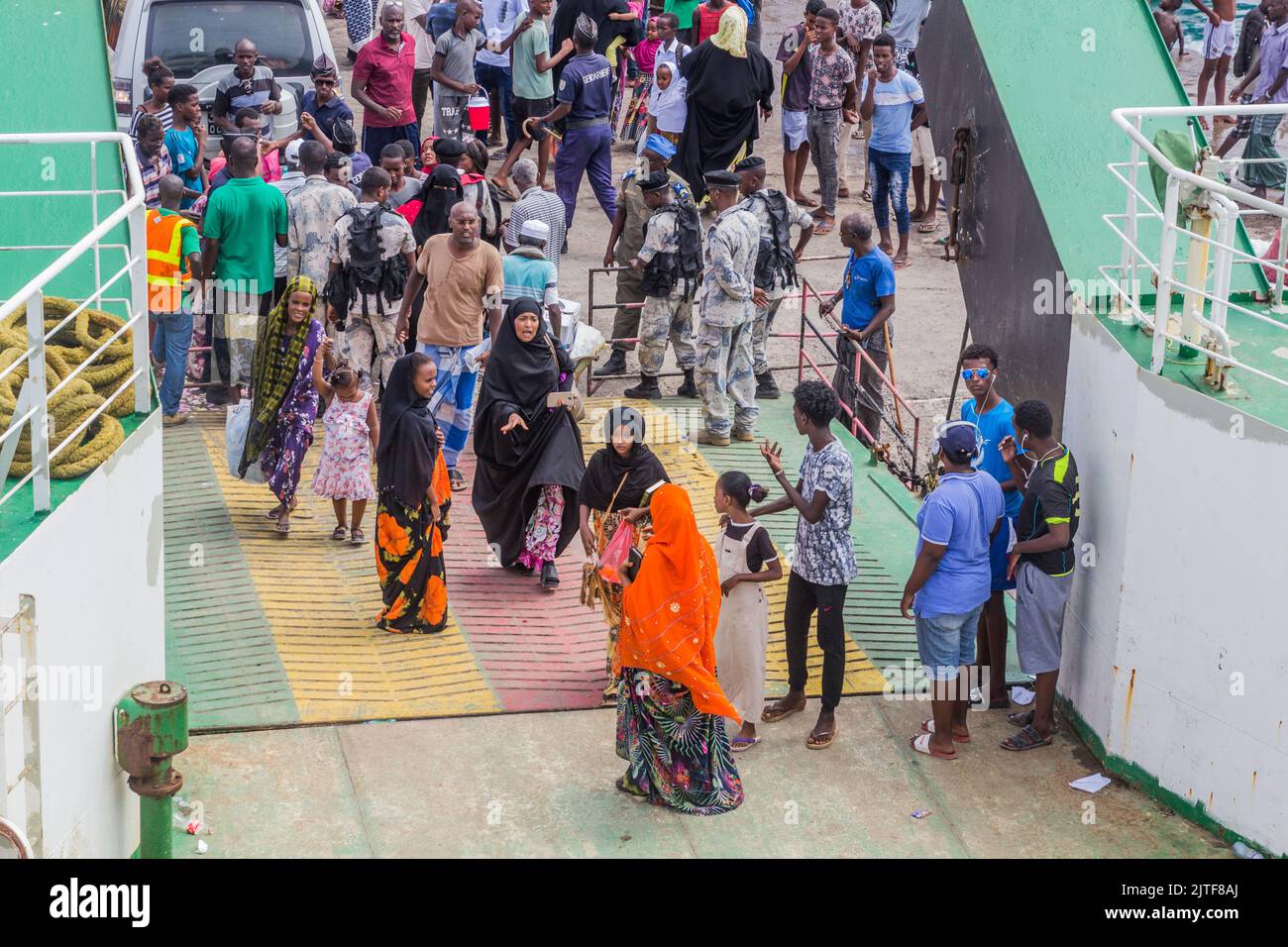 TADJOURA, DJIBOUTI - APRIL 20, 2019: People board Ferry Mohamed Bourhan
