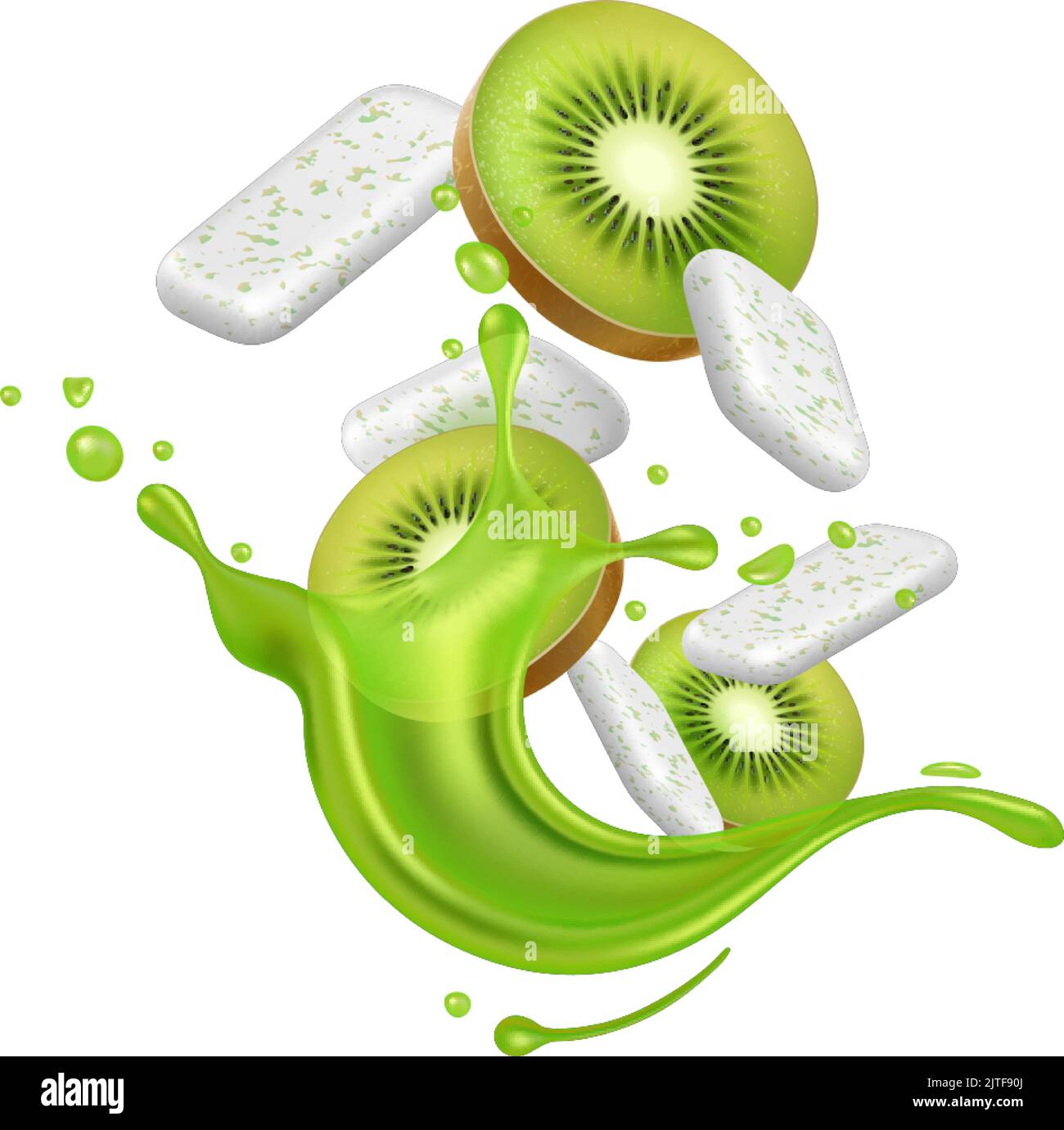 Realistic chewing gum. 3D splashes juice and water with bubblegum