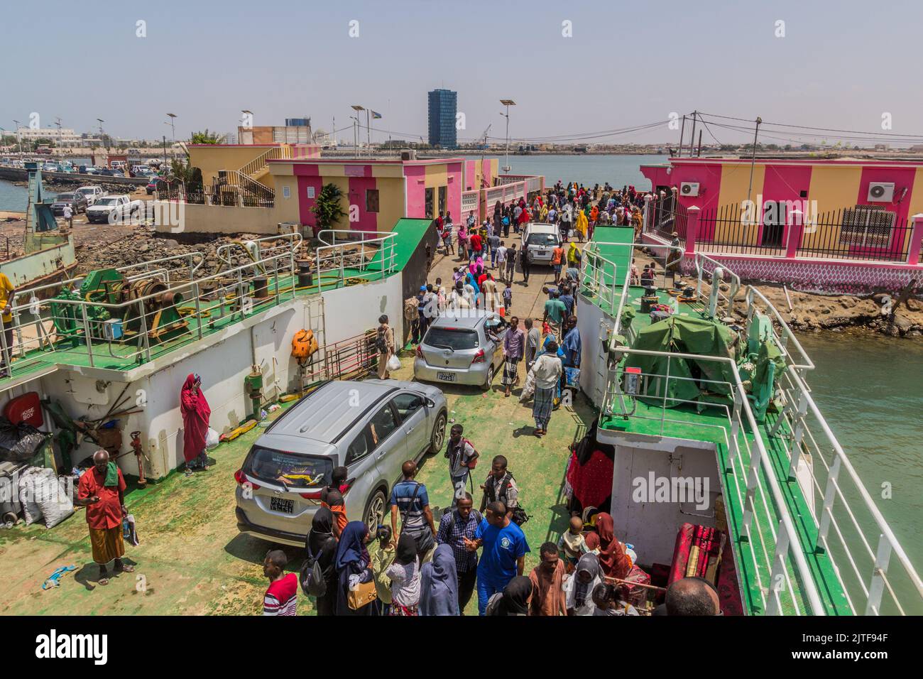 DJIBOUTI, DJIBOUTI - APRIL 20, 2019: Passengers departing a ferry in
