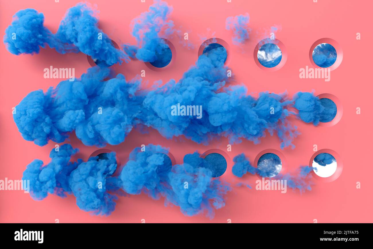 blue cloud smoke on pink background with circular holes. 3d render Stock Photo