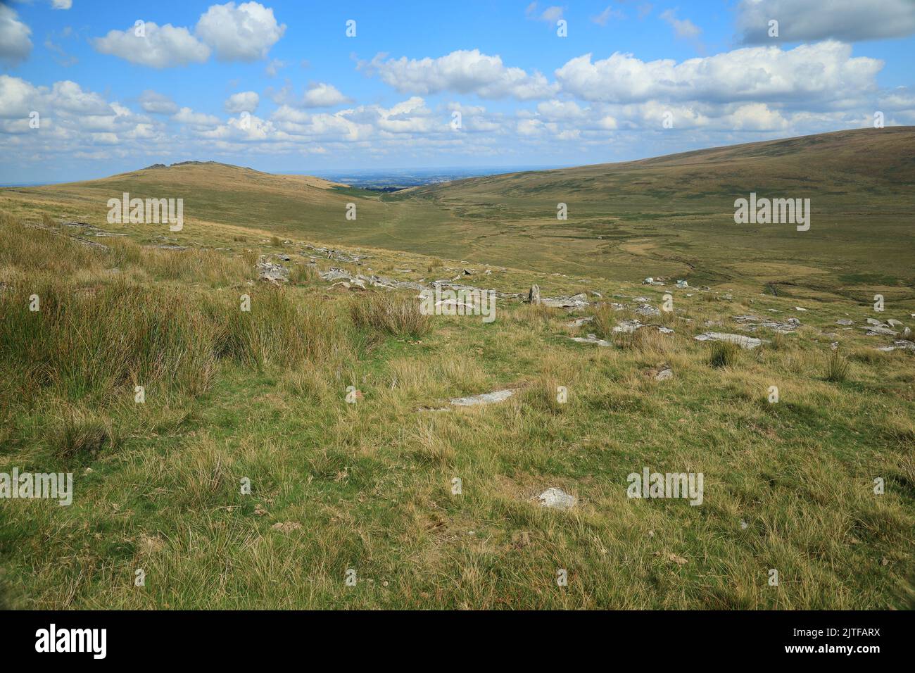 View from the trail near Oke tor, towards the Belstone tors, Dartmoor, Devon, England, UK Stock Photo