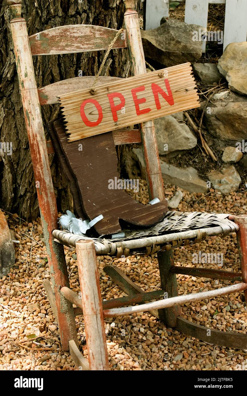 Santa Fe, New Mexico, United States.  Rustic chair with signage. Stock Photo